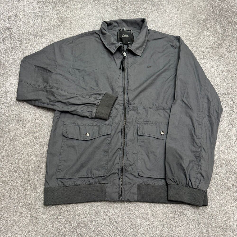 Obey Propaganda Full Zip Lightweight Bomber Jacket Mens XL Grey 100% Cotton
